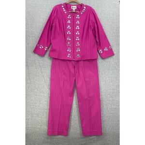 Vintage Maggie Sweet Pant Suit Womens Large Pink Embellish Full Zip Long Sleeve